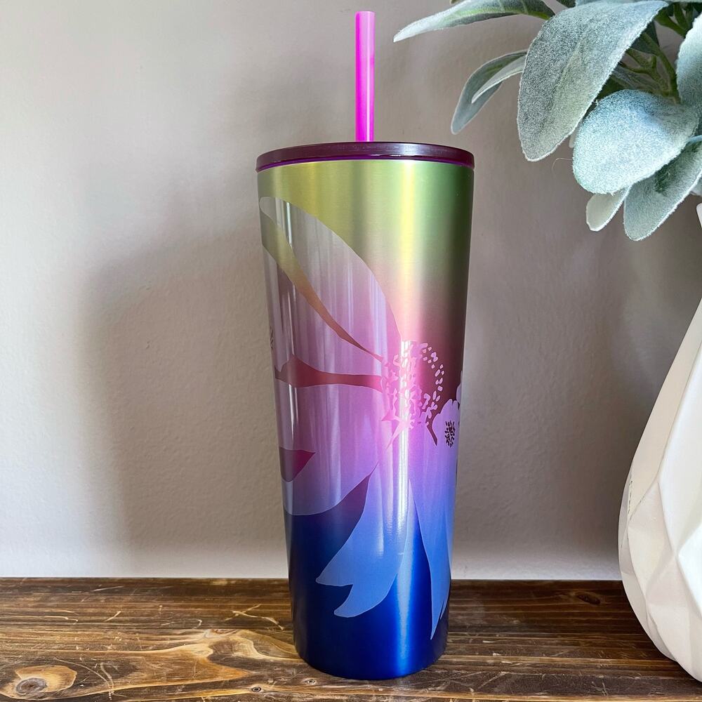 NWT Starbucks 2022 Floral Rainbow Ombre Stainless Steel Tumbler 24oz